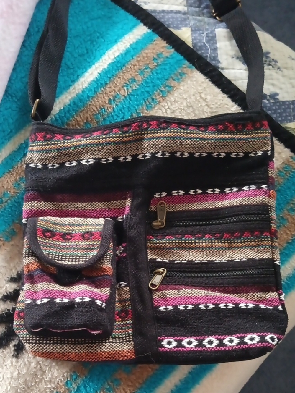 Boho Multicolor Woven Crossbody Bag - Black & Pink Accent